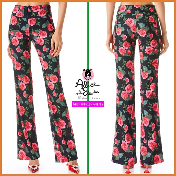 Alice + Olivia Pants - Alice + Olivia Olivia Cheri Floral Black Red Multi Bootcut Pant
